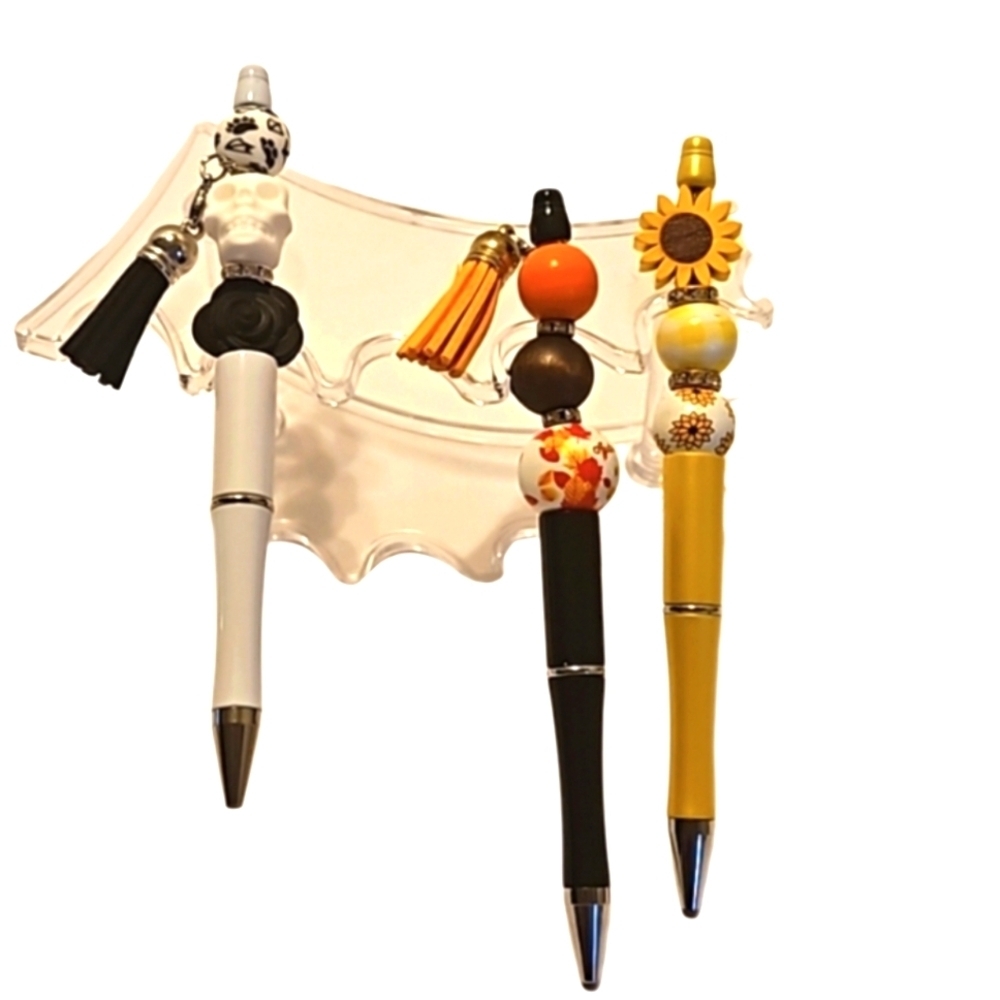 Hand Crafted beaded pens Set of 3 holiday motif handmade halloween fall floral